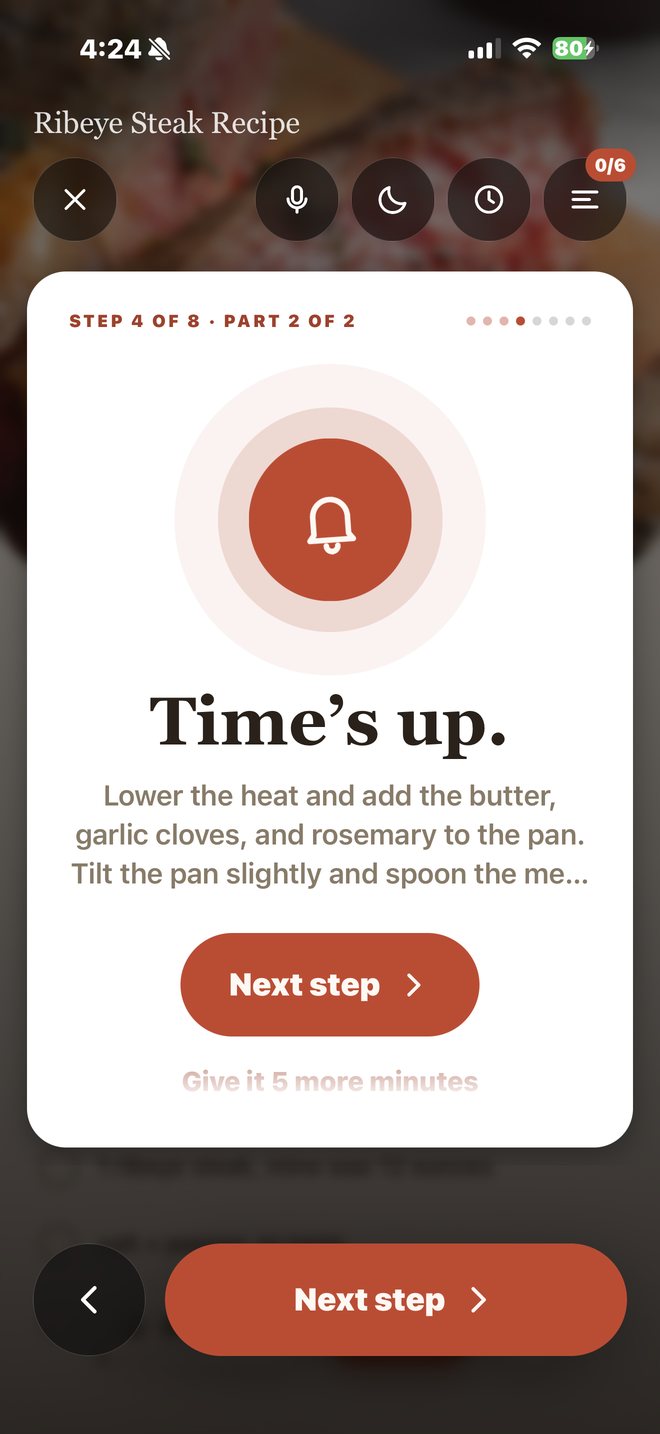 Time’s up, with Next step and Give it 5 more minutes