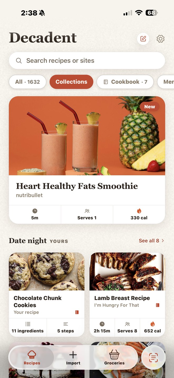 The Recipes page on Collections: a new Heart Healthy Fats Smoothie, then the Date night collection with Chocolate Chunk Cookies and Lamb Breast