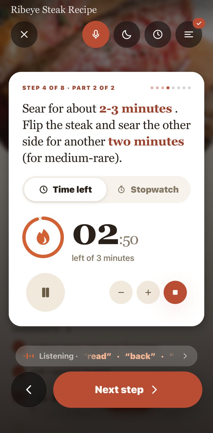 Cook mode: step 4 of 8, with a timer running in the card