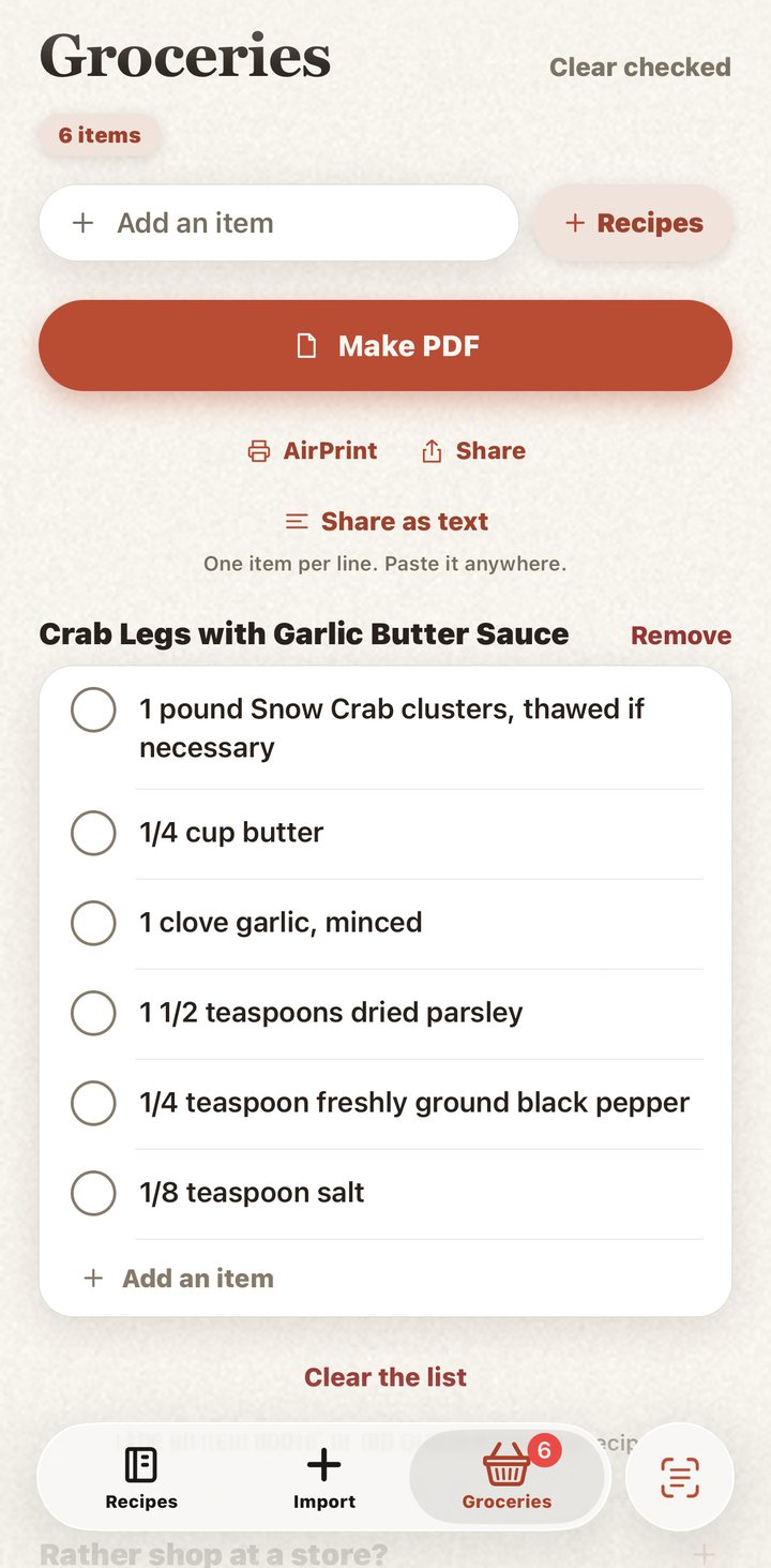 Groceries: one list, with Make PDF, AirPrint and Share